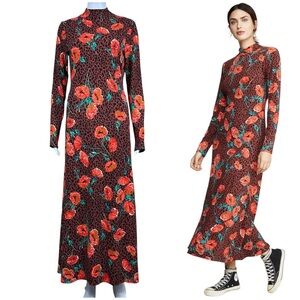 Free People Retro Romance Midi Dress Floral Print Stretchy Cottagecore Boho - S